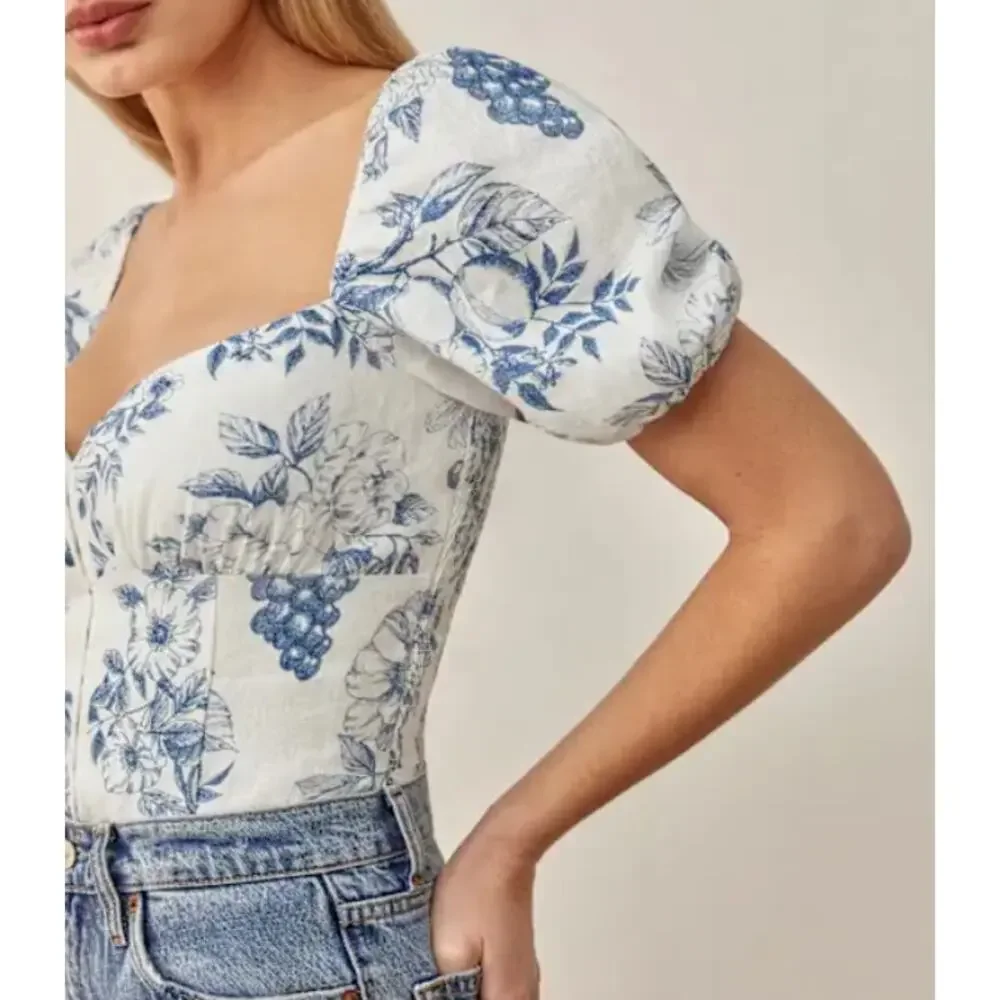 Reformation Rome Linen Top 2 Womens White Blue Floral Grape Blouse Bustier Puff